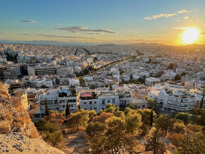 Philopappos Hill sunset to the sea