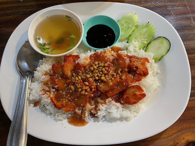 Vegan red pork with rice at Kinphak Cafe