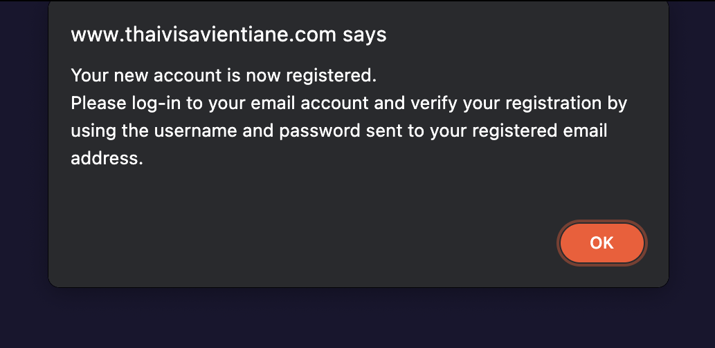 Thai Visa Vientiane account registered alert screenshot