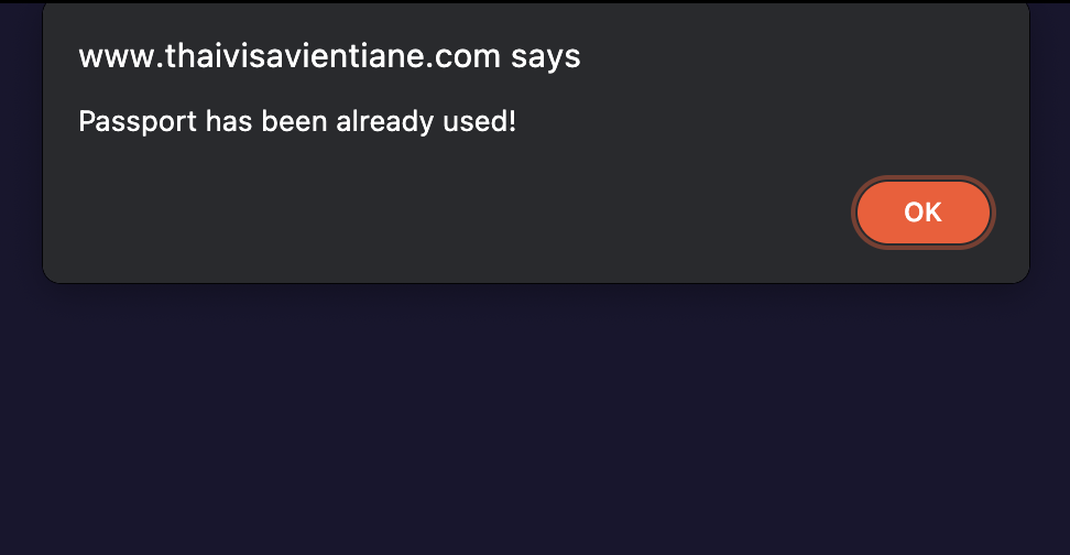 Thai Visa Vientiane passport already used alert screenshot