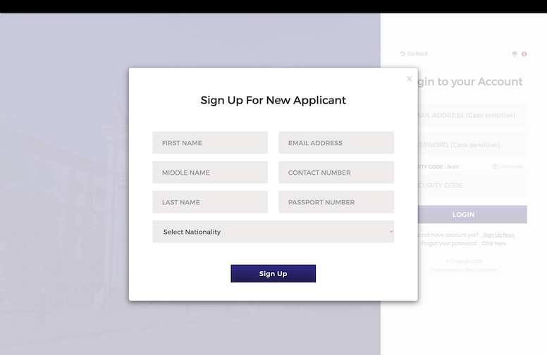 Thai Visa Vientiane sign-up form screenshot