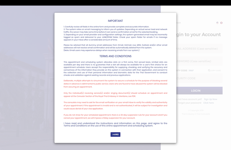 Thai Visa Vientiane terms and conditions screenshot