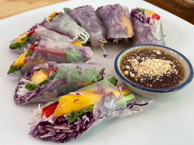 Huahin Vegan mango spring rolls with almond butter dipping sauce