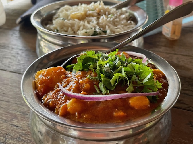 S and S Indian Food cholay aloo with garlic basmati rice