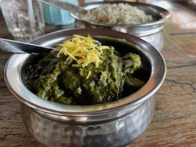 S and S Indian Food saag aloo with jeera basmati rice