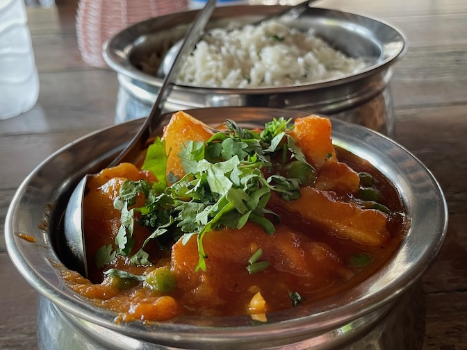 S and S Indian Food vegetable korma with garlic basmati rice