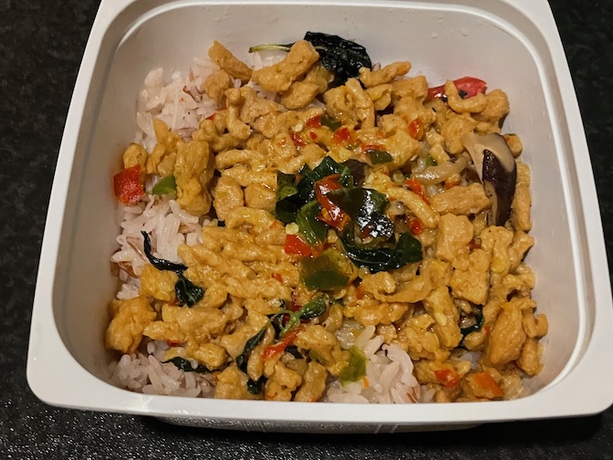 7-11 stir-fried basil vegetarian protein with rice after coming out the microwave