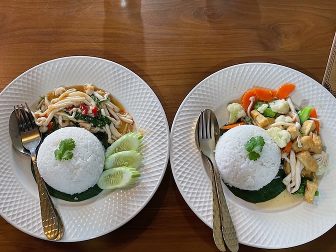 Khao Soi Luke Jan mushroom basil with rice and stir fried vegetables and tofu with rice