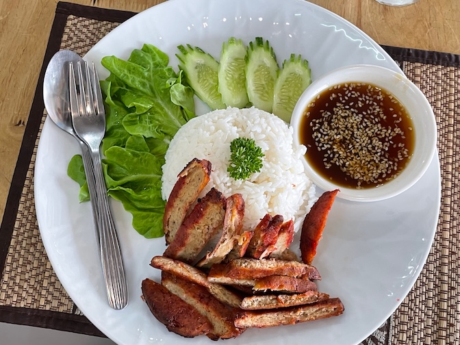 Apple Vegan Cafe vegan red pork with rice