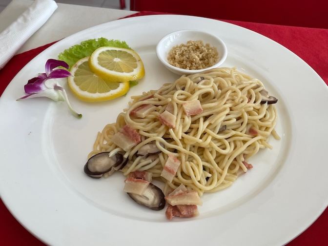 Five Star J Restaurant spaghetti carbonara with vegan parmesan