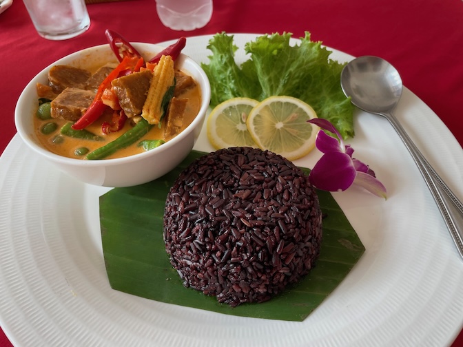 Five Star J Restaurant tempeh panang curry with black rice