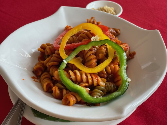 Five Star J Restaurant tri-colour pasta with vegan parmesan