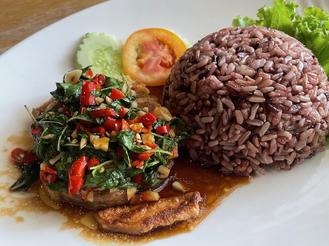 Yes Vegan fried vegan chicken with basil leaf sauce