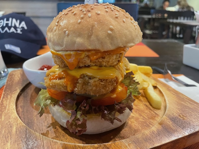 Yes Vegan vegan double spicy chicken burger with French fries