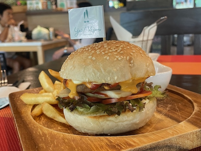 Yes Vegan vegan pork burger with French fries