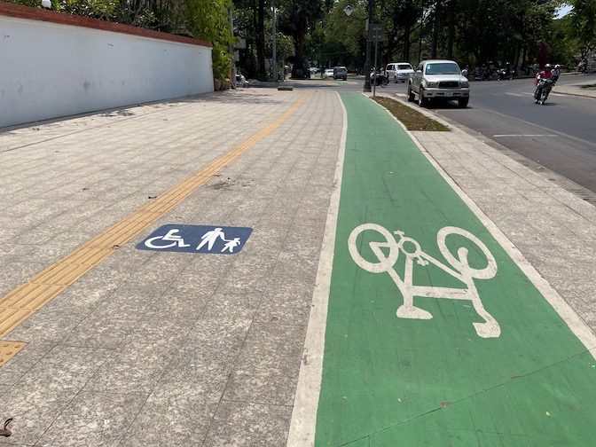 Wheelchair friendly street with bicycle lane in Siem Reap