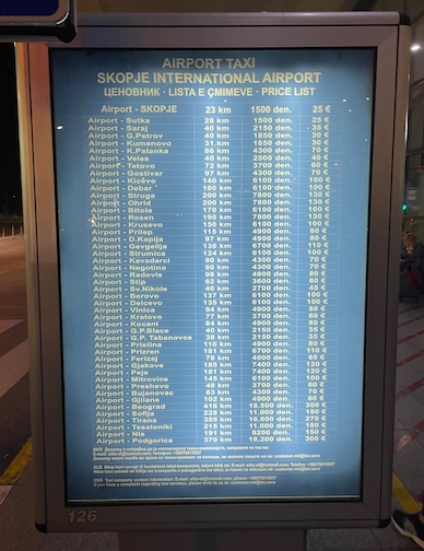 Skopje International Airport taxi fares