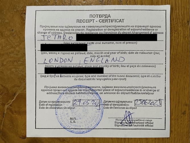 North Macedonia registration card