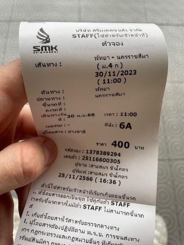 Pattaya to Nakhon Ratchasima bus ticket