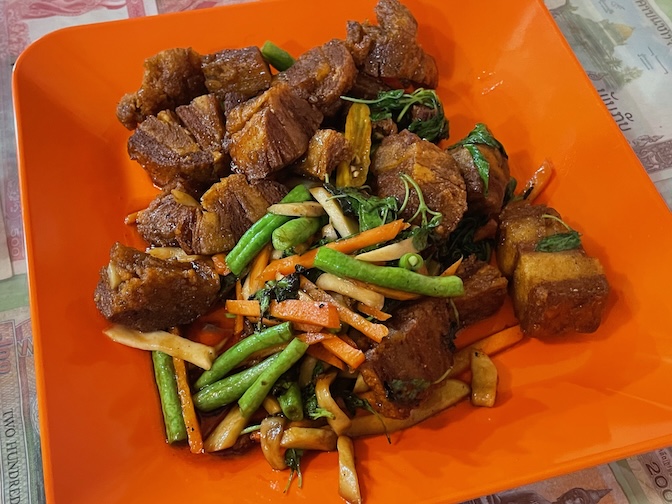 Reunion Cafe stir-fried basil with pork belly